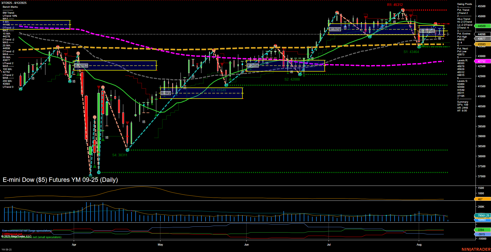 YM E-mini Dow ($5) Futures Daily Chart Analysis: 2025-Aug-12 07:17 CT