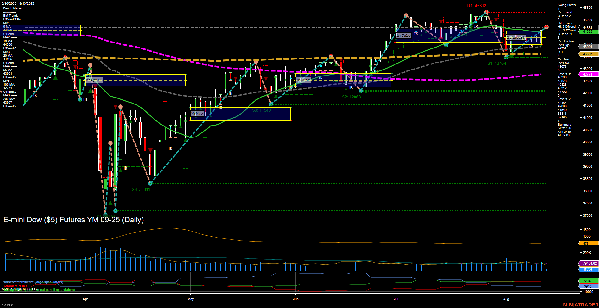 YM E-mini Dow ($5) Futures Daily Chart Analysis: 2025-Aug-13 07:18 CT