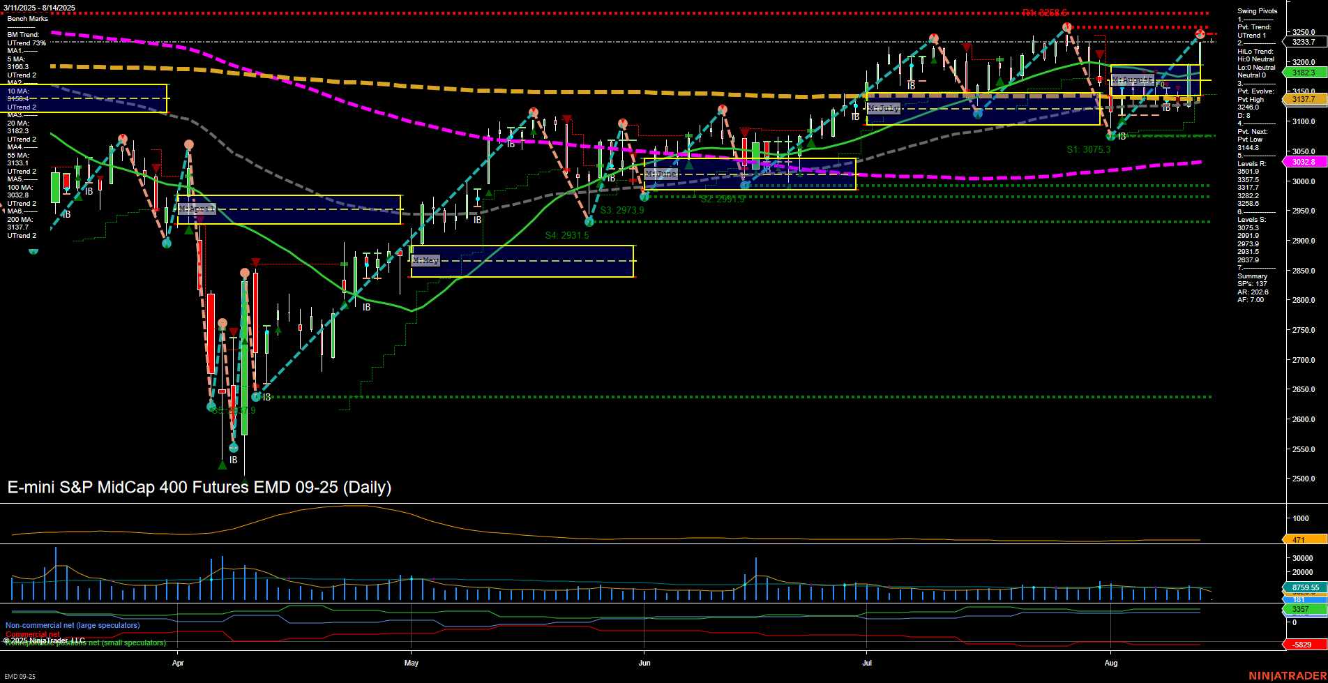 EMD E-mini S&P MidCap 400 Futures Daily Chart Analysis: 2025-Aug-14 07:06 CT