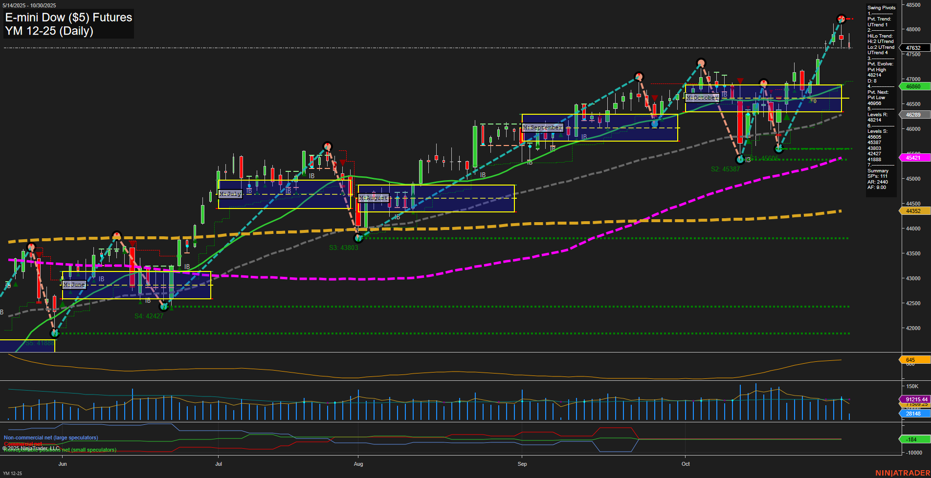 YM E-mini Dow ($5) Futures Daily Chart Analysis: 2025-Oct-30 07:17 CT