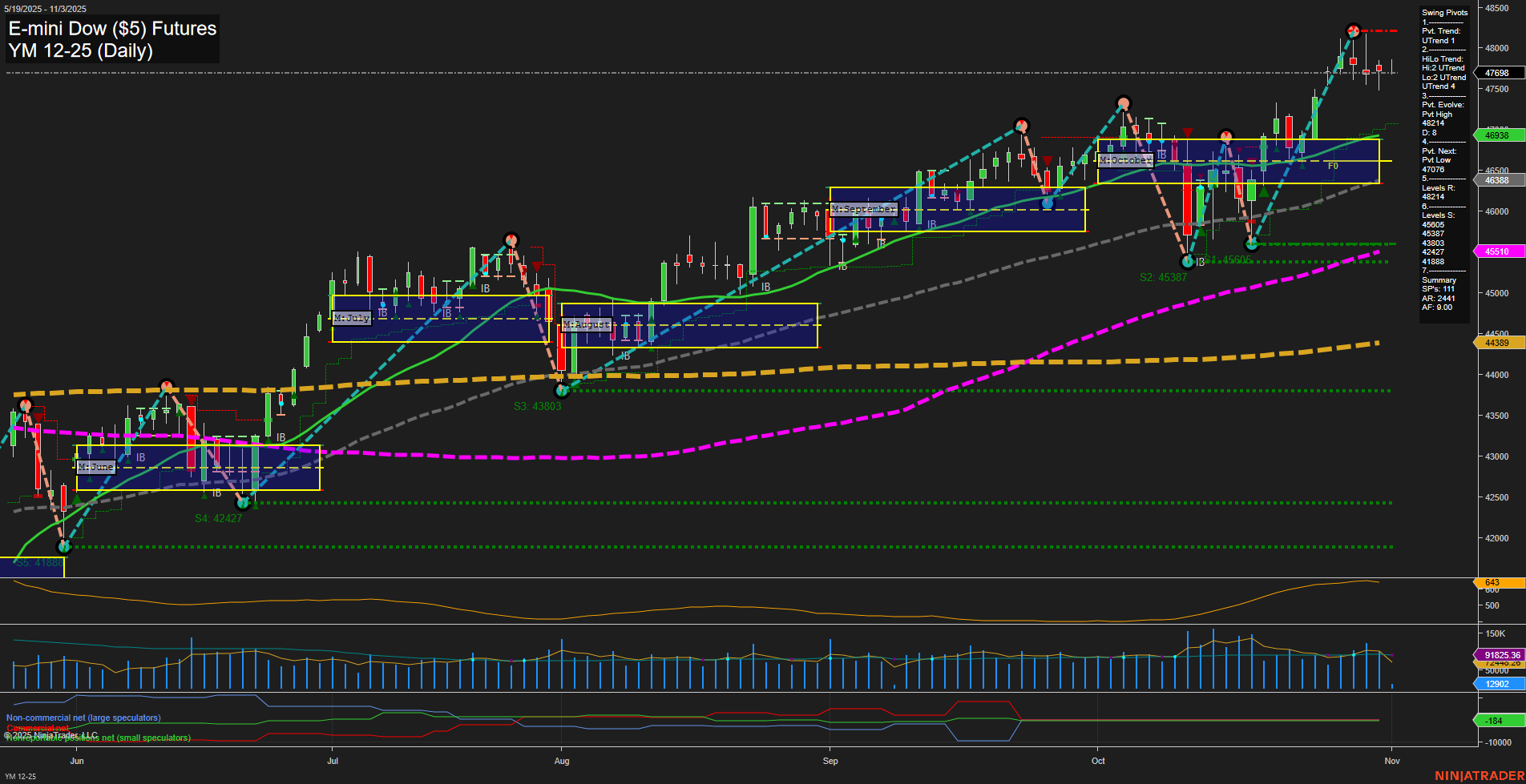YM E-mini Dow ($5) Futures Daily Chart Analysis: 2025-Nov-03 07:16 CT