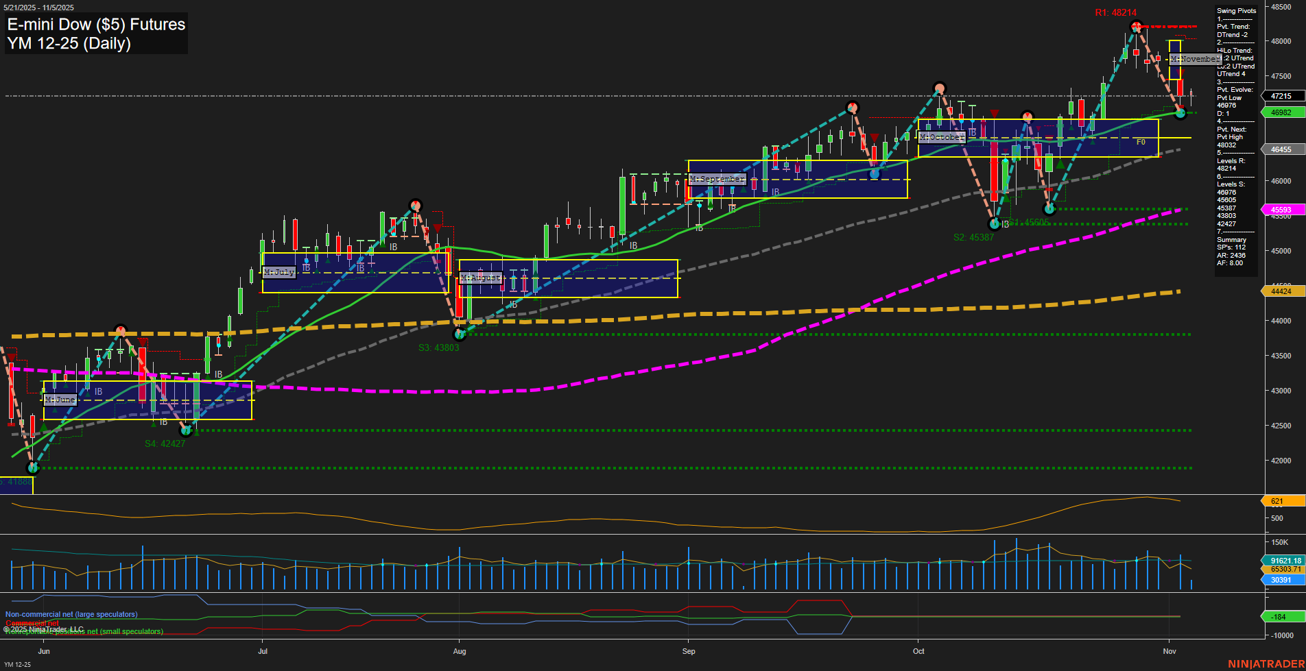 YM E-mini Dow ($5) Futures Daily Chart Analysis: 2025-Nov-05 07:23 CT