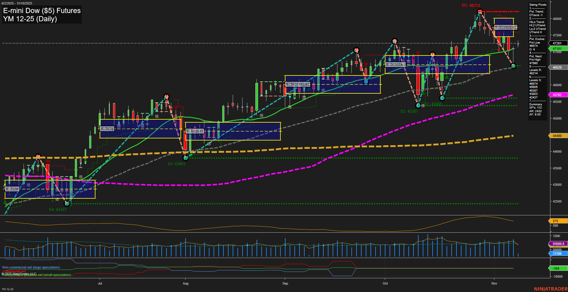 YM E-mini Dow ($5) Futures Daily Chart Analysis: 2025-Nov-10 07:21 CT