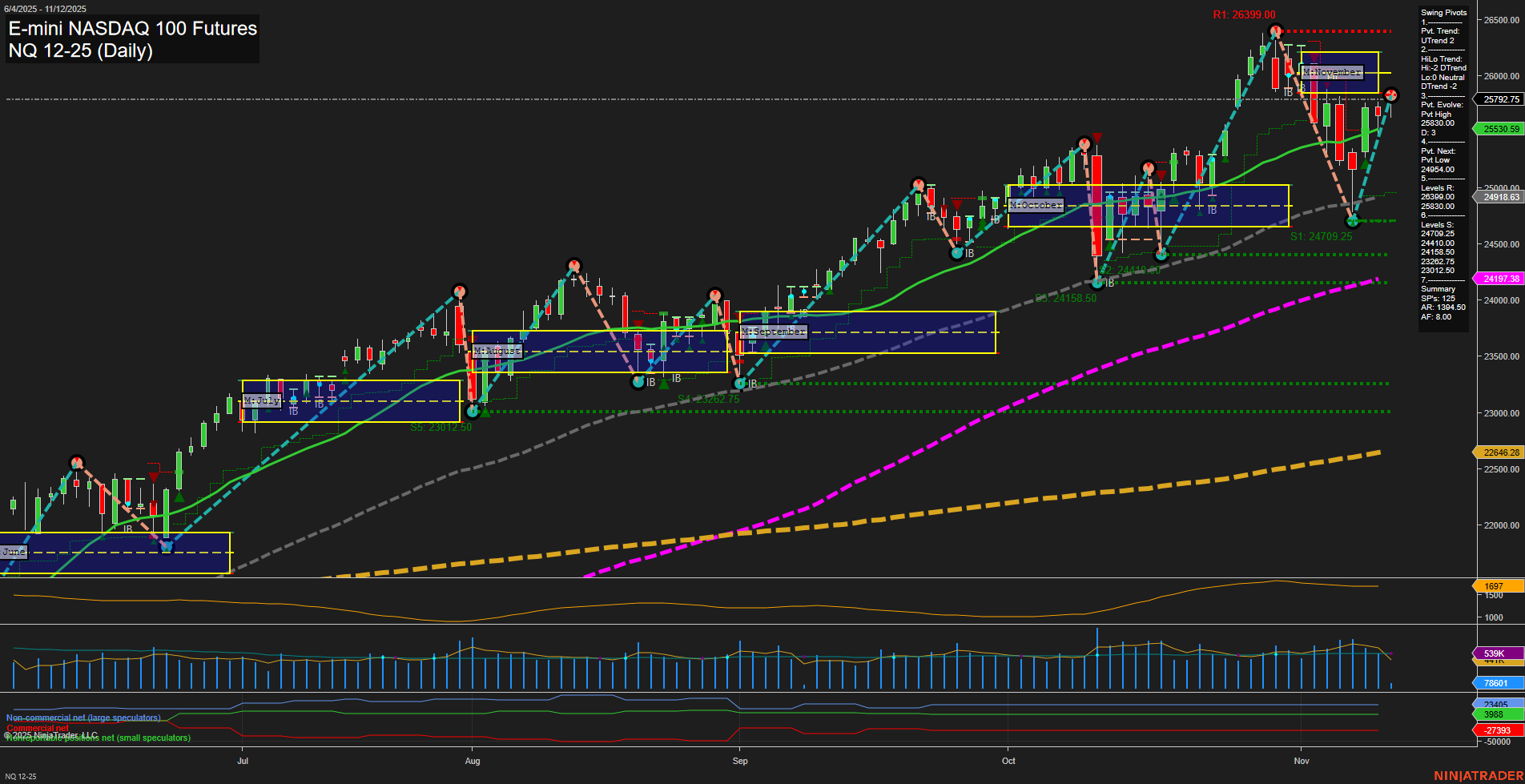 NQ E-mini NASDAQ 100 Futures Daily Chart Analysis: 2025-Nov-12 07:14 CT