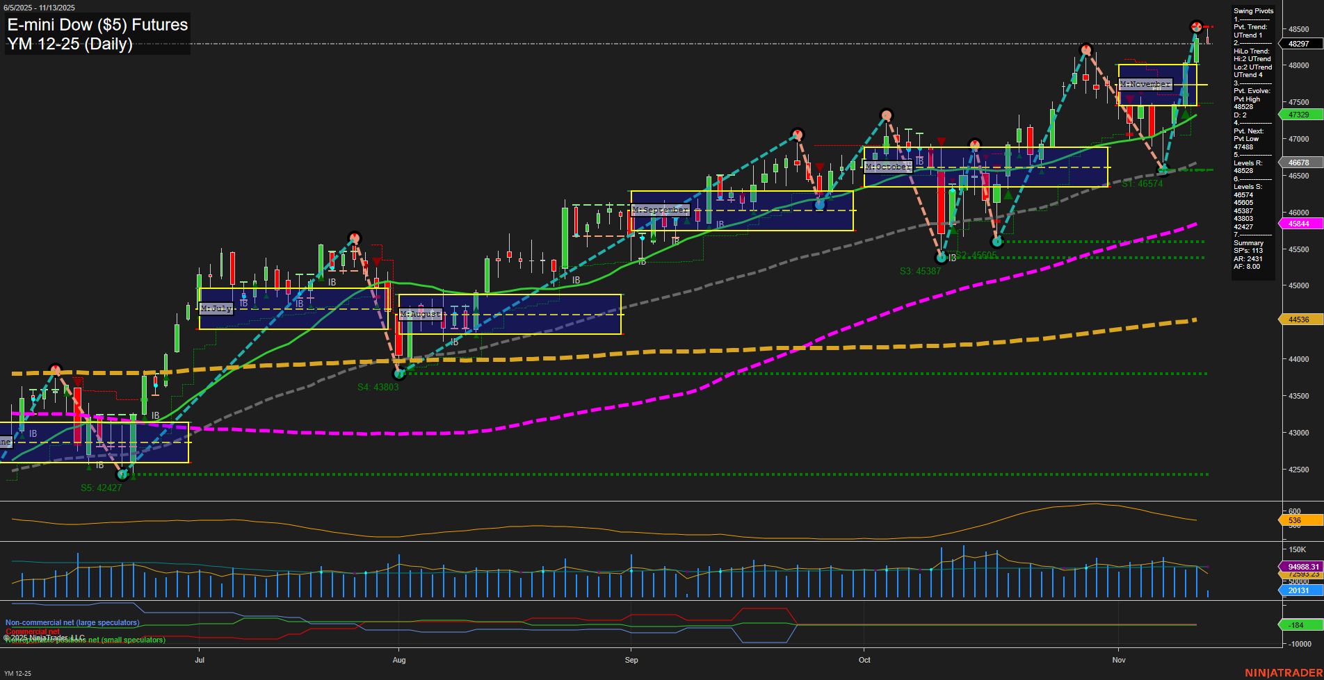 YM E-mini Dow ($5) Futures Daily Chart Analysis: 2025-Nov-13 07:21 CT