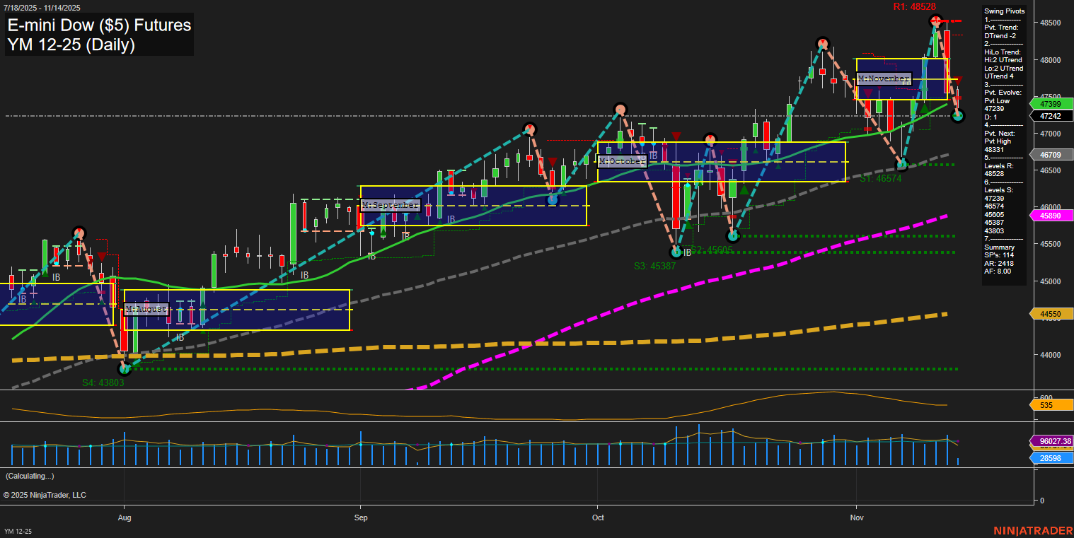 YM E-mini Dow ($5) Futures Daily Chart Analysis: 2025-Nov-14 07:21 CT
