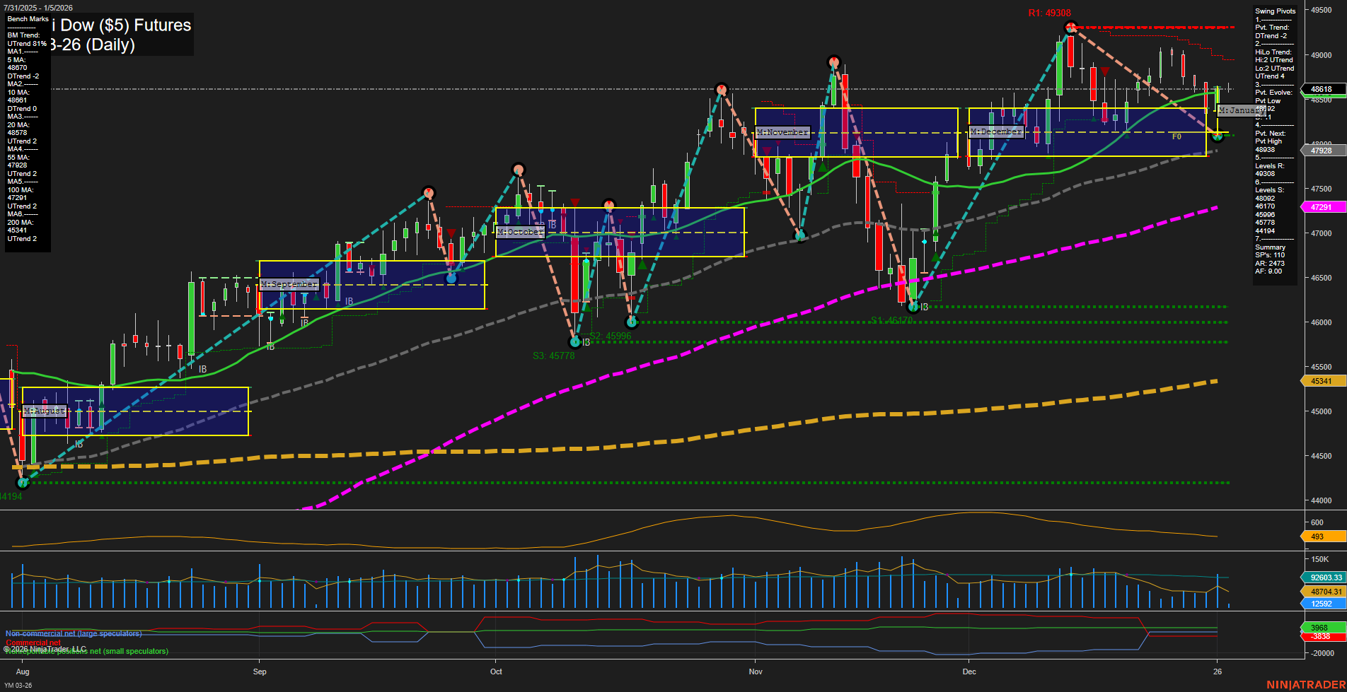 YM E-mini Dow ($5) Futures Daily Chart Analysis: 2026-Jan-05 07:19 CT