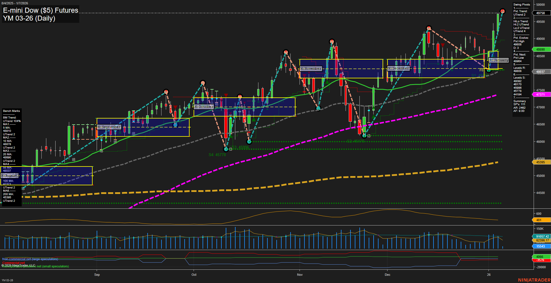 YM E-mini Dow ($5) Futures Daily Chart Analysis: 2026-Jan-07 07:19 CT