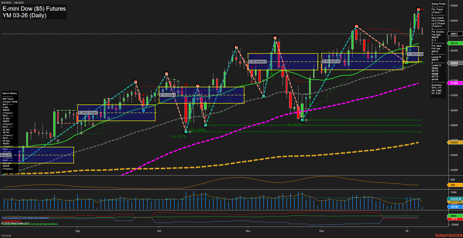 YM E-mini Dow ($5) Futures Daily Chart Analysis: 2026-Jan-08 07:20 CT