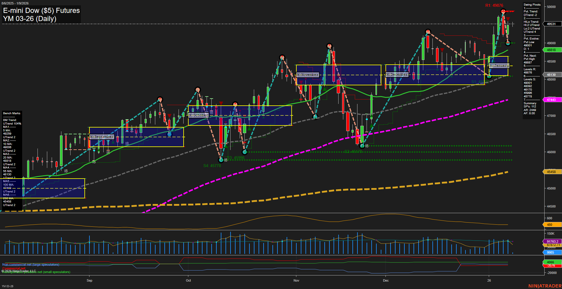 YM E-mini Dow ($5) Futures Daily Chart Analysis: 2026-Jan-09 07:21 CT