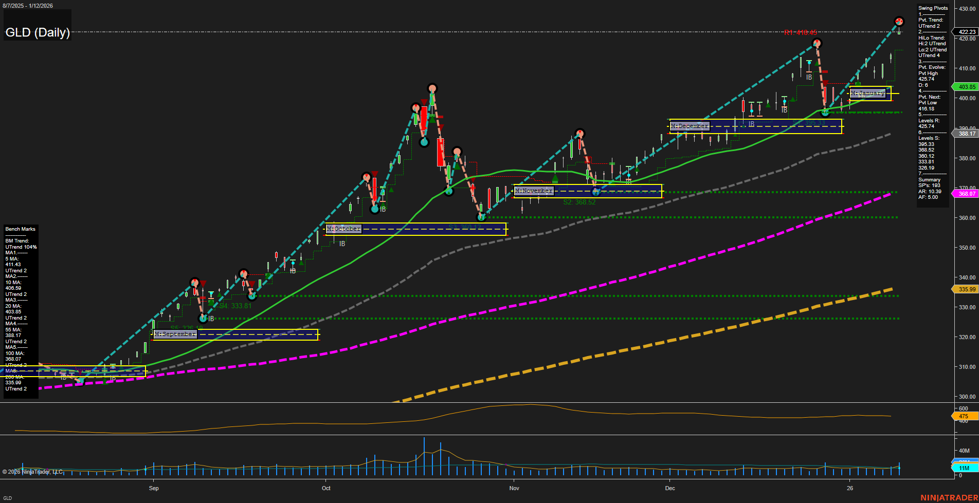 GLD SPDR Gold Shares Daily Chart Analysis: 2026-Jan-13 07:12 CT