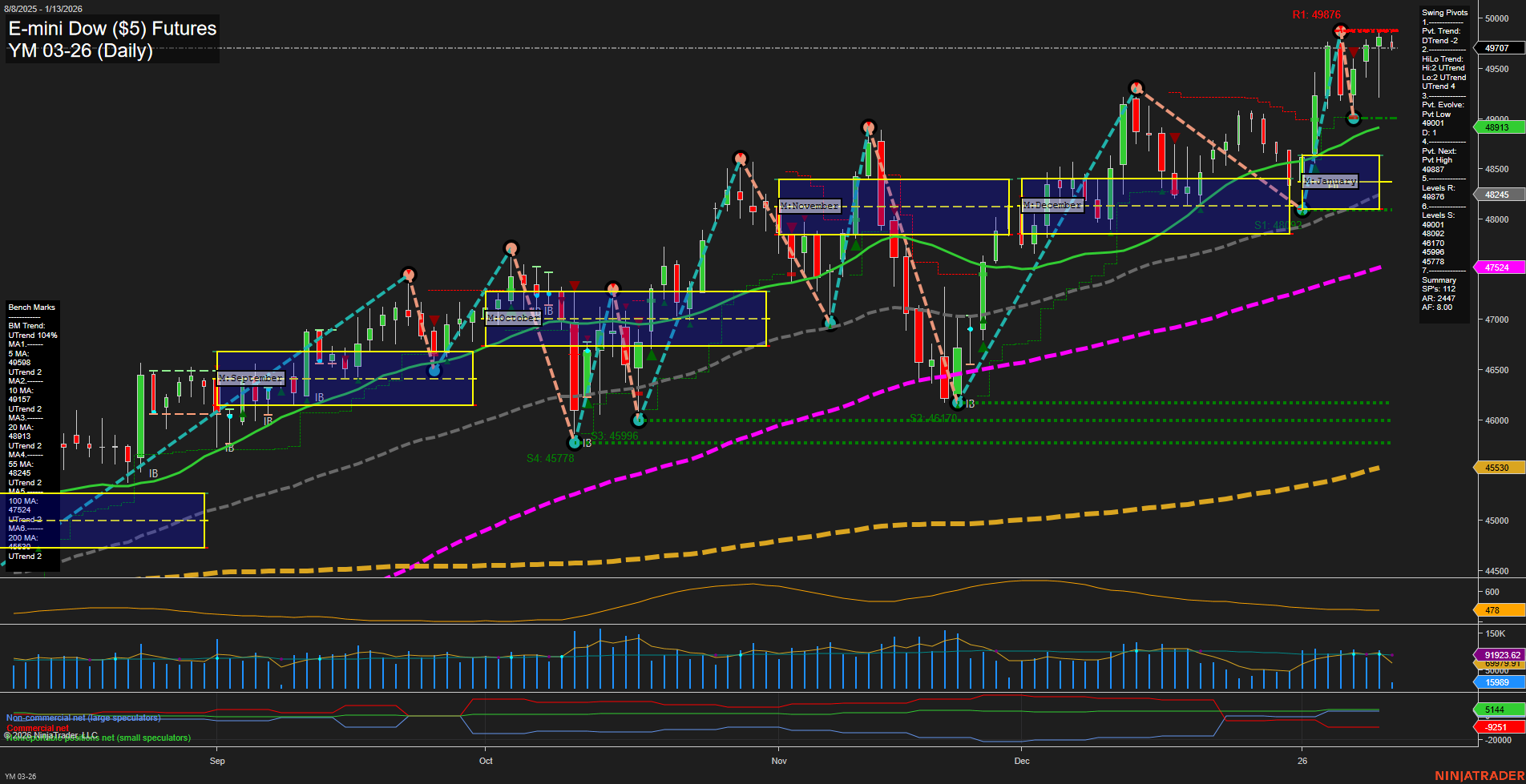 YM E-mini Dow ($5) Futures Daily Chart Analysis: 2026-Jan-13 07:22 CT