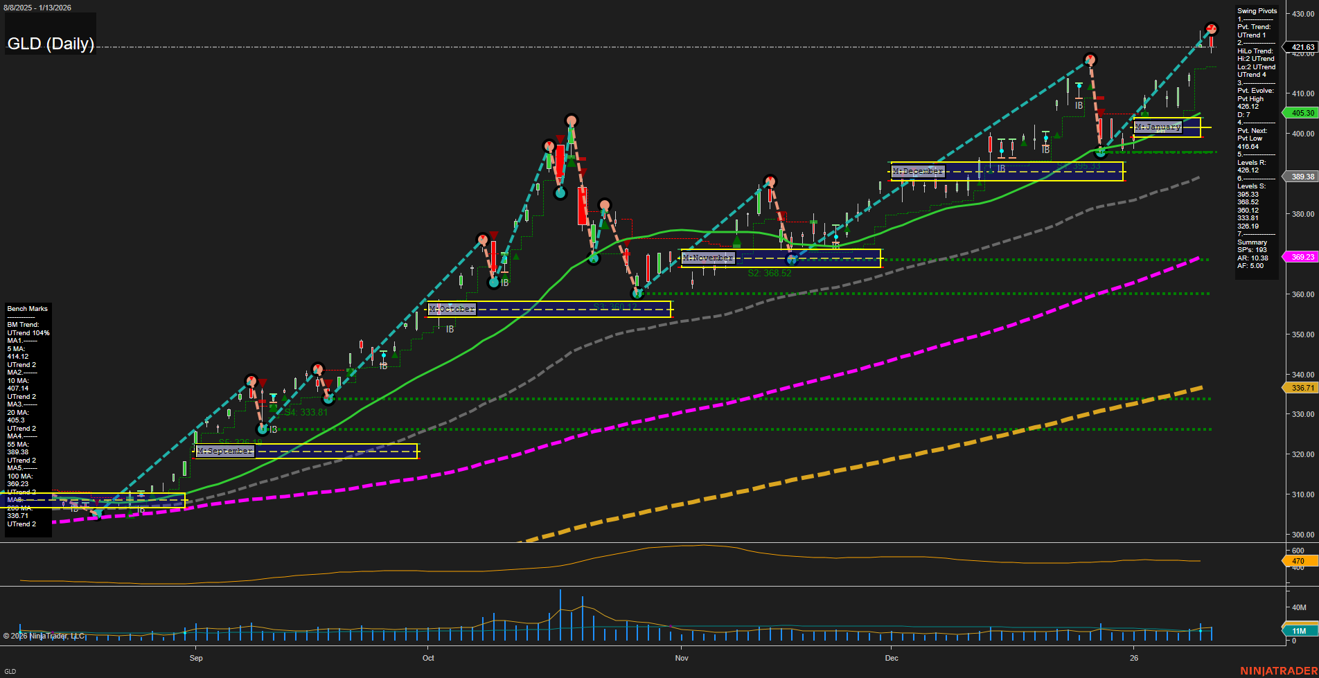 GLD SPDR Gold Shares Daily Chart Analysis: 2026-Jan-14 07:11 CT