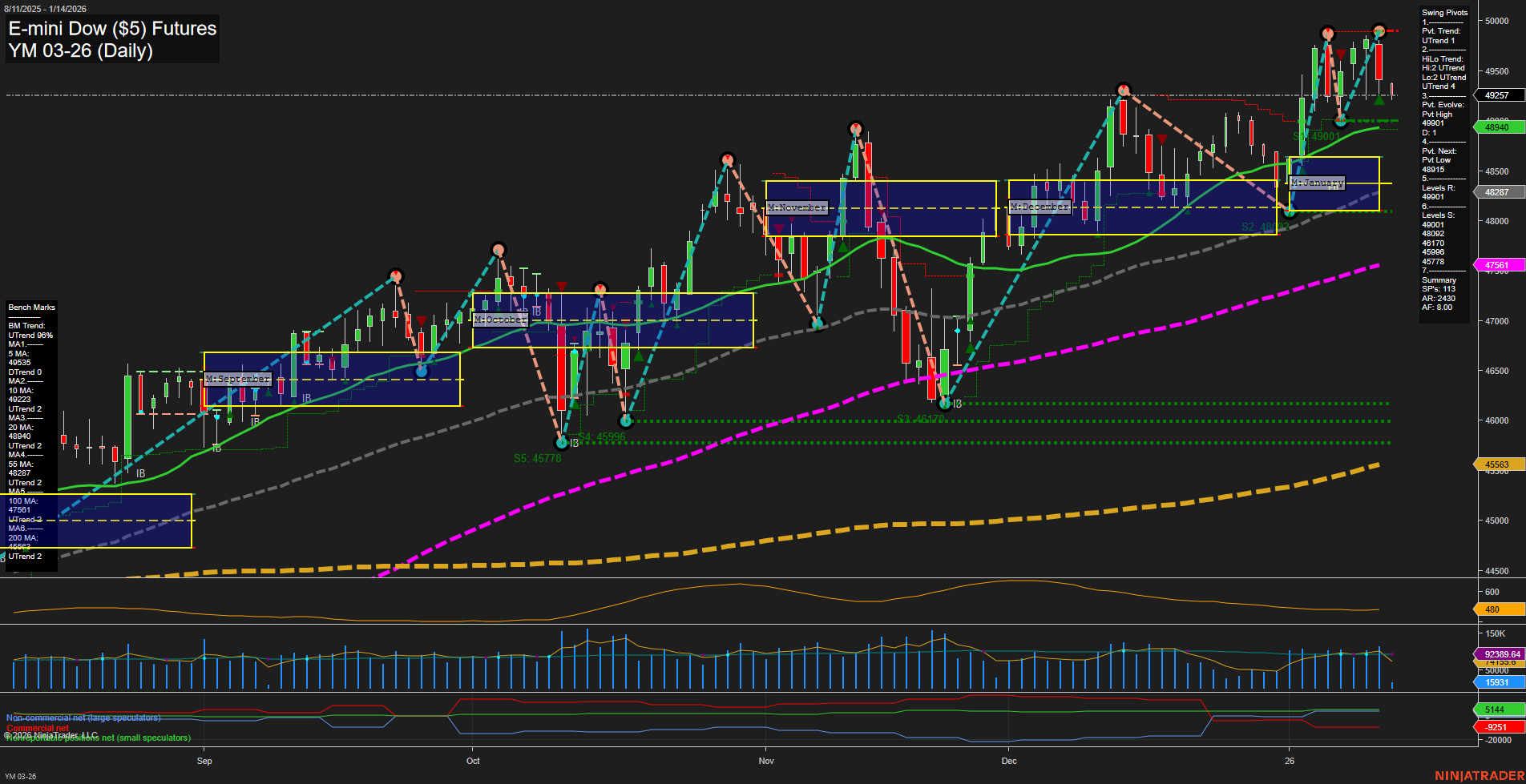 YM E-mini Dow ($5) Futures Daily Chart Analysis: 2026-Jan-14 07:18 CT