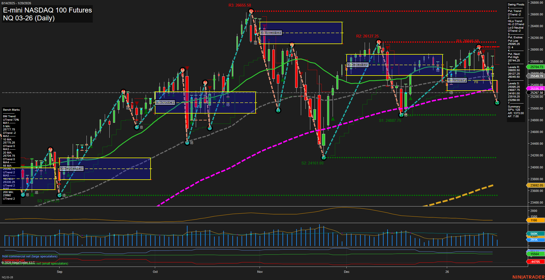 NQ E-mini NASDAQ 100 Futures Daily Chart Analysis: 2026-Jan-20 07:13 CT