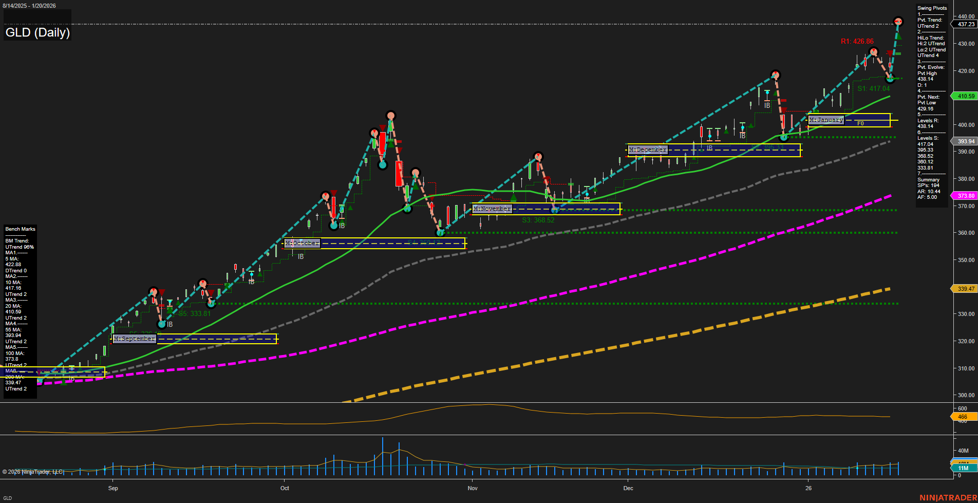 GLD SPDR Gold Shares Daily Chart Analysis: 2026-Jan-21 07:12 CT