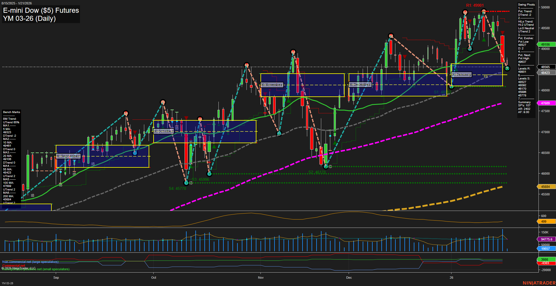 YM E-mini Dow ($5) Futures Daily Chart Analysis: 2026-Jan-21 07:21 CT