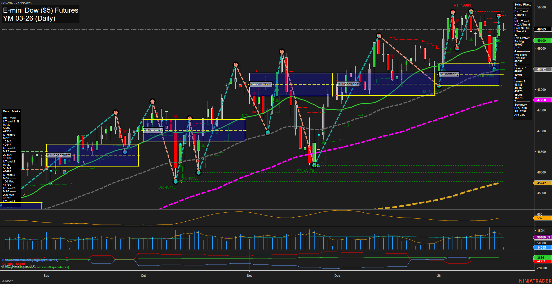 YM E-mini Dow ($5) Futures Daily Chart Analysis: 2026-Jan-23 07:18 CT