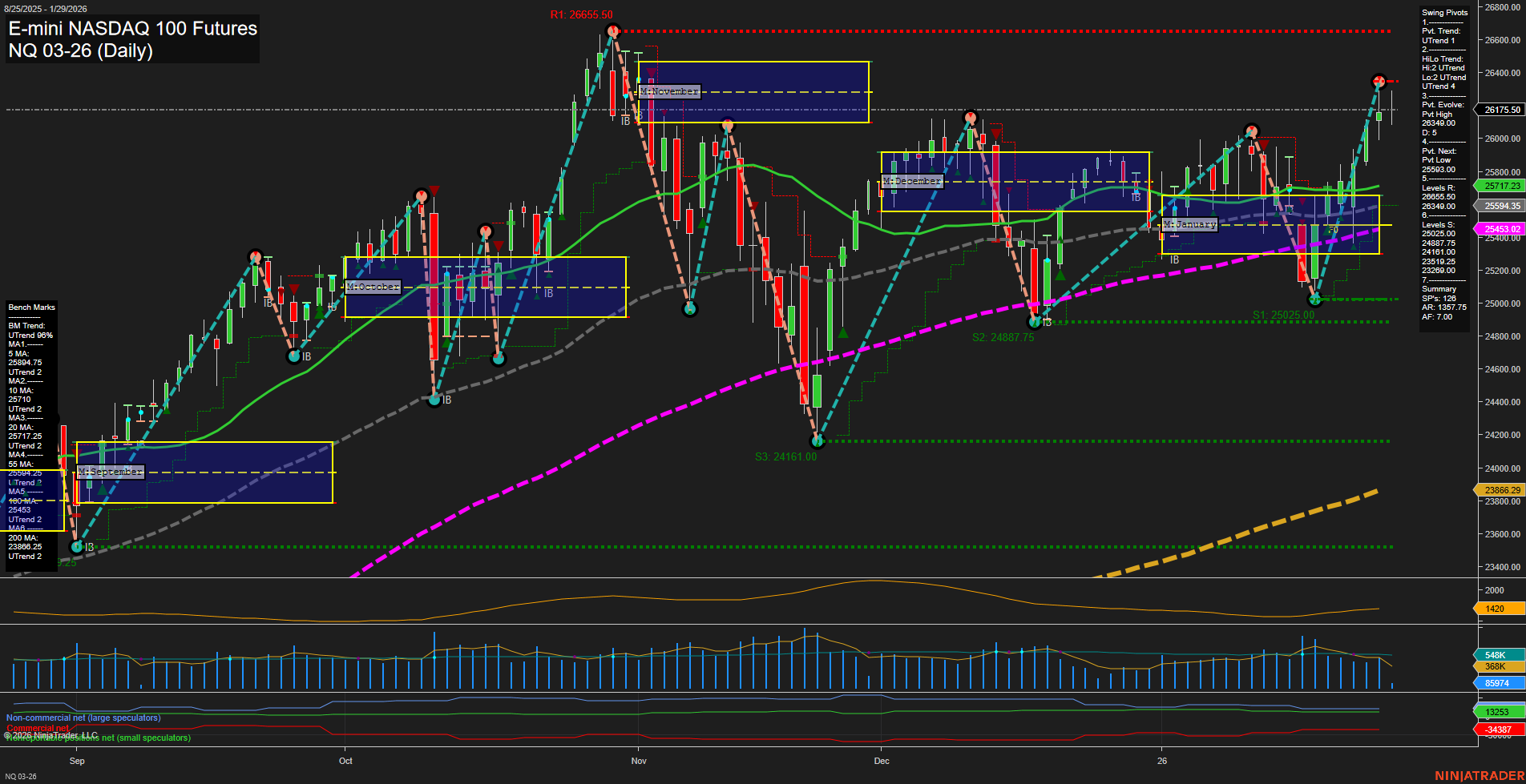 NQ E-mini NASDAQ 100 Futures Daily Chart Analysis: 2026-Jan-29 07:15 CT