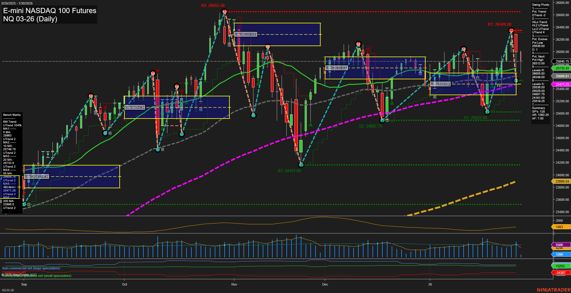 NQ E-mini NASDAQ 100 Futures Daily Chart Analysis: 2026-Jan-30 07:14 CT