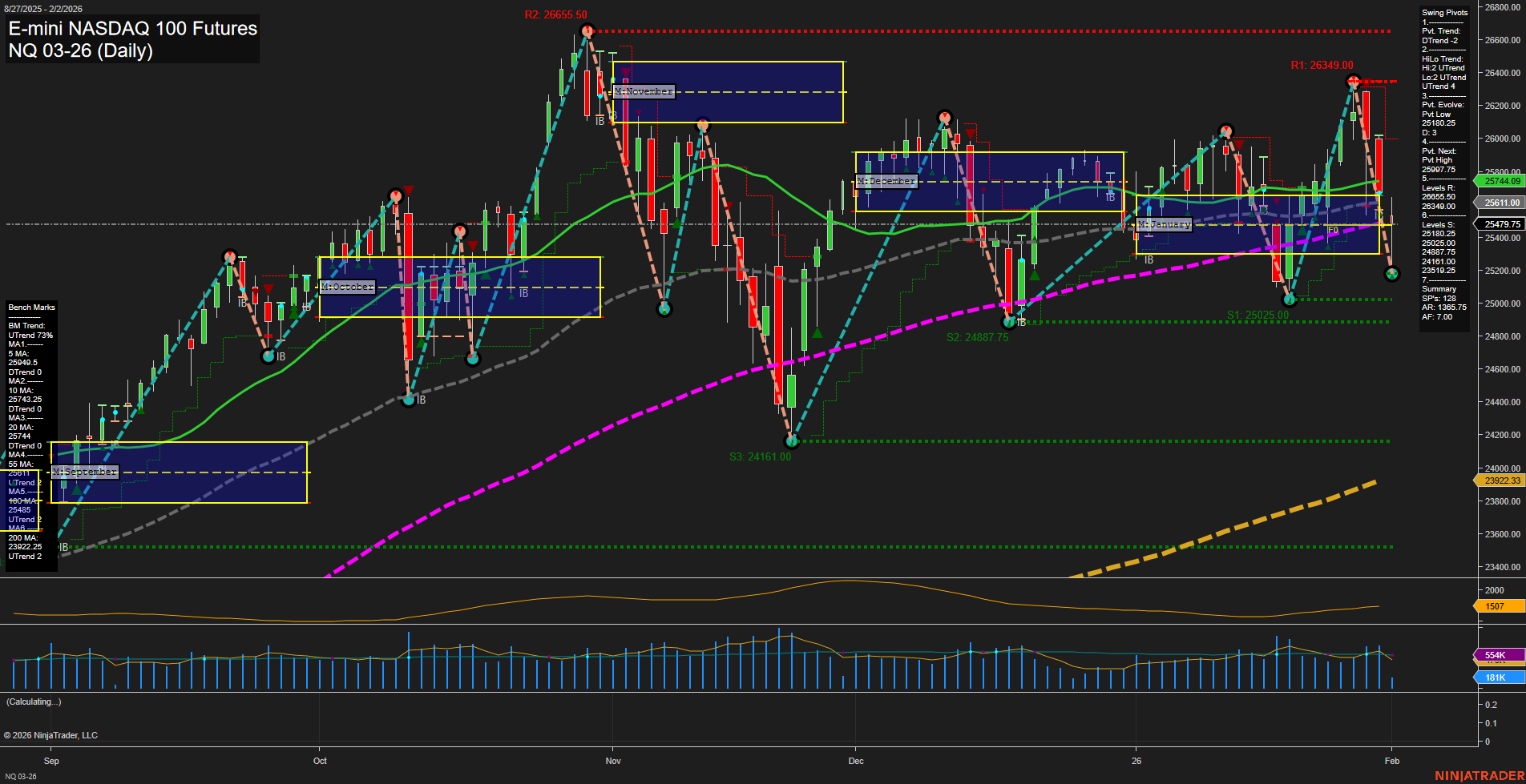 NQ E-mini NASDAQ 100 Futures Daily Chart Analysis: 2026-Feb-02 07:14 CT