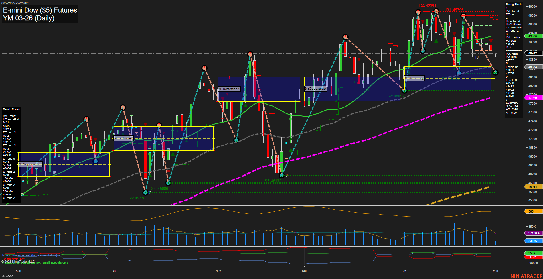 YM E-mini Dow ($5) Futures Daily Chart Analysis: 2026-Feb-02 07:23 CT
