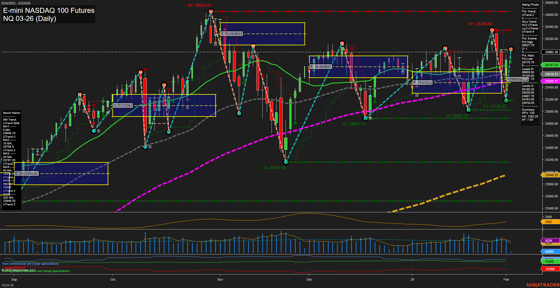 NQ E-mini NASDAQ 100 Futures Daily Chart Analysis: 2026-Feb-03 07:14 CT
