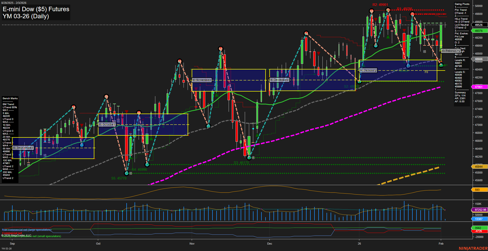 YM E-mini Dow ($5) Futures Daily Chart Analysis: 2026-Feb-03 07:22 CT