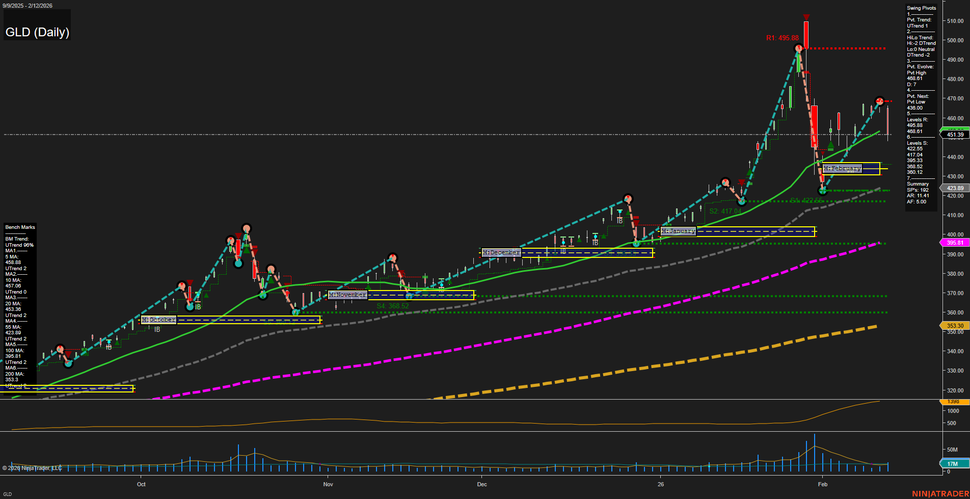 GLD SPDR Gold Shares Daily Chart Analysis: 2026-Feb-13 07:09 CT