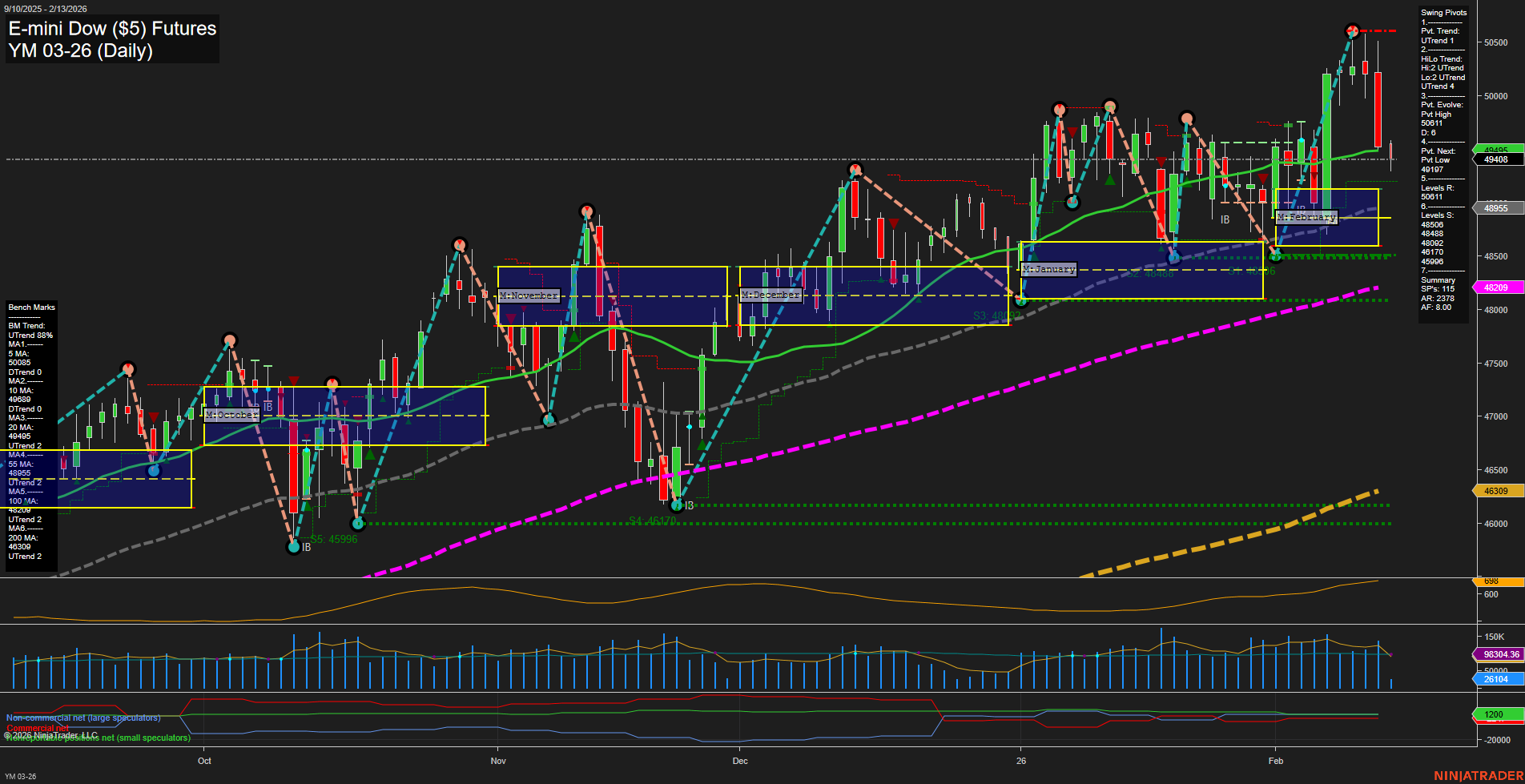 YM E-mini Dow ($5) Futures Daily Chart Analysis: 2026-Feb-13 07:18 CT