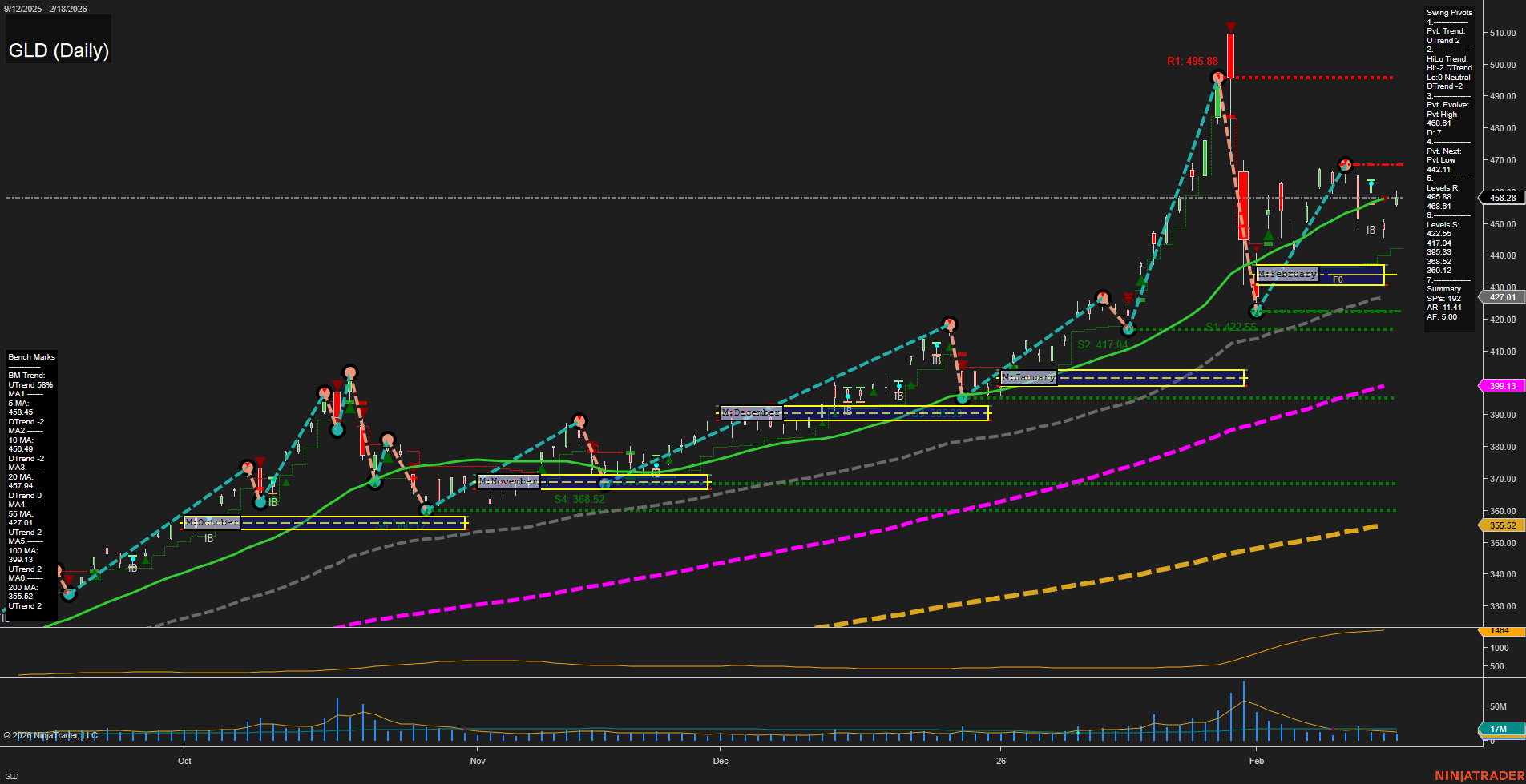 GLD SPDR Gold Shares Daily Chart Analysis: 2026-Feb-19 07:10 CT