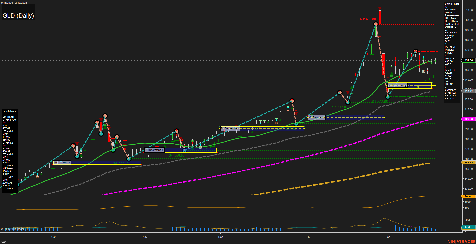 GLD SPDR Gold Shares Daily Chart Analysis: 2026-Feb-20 07:10 CT