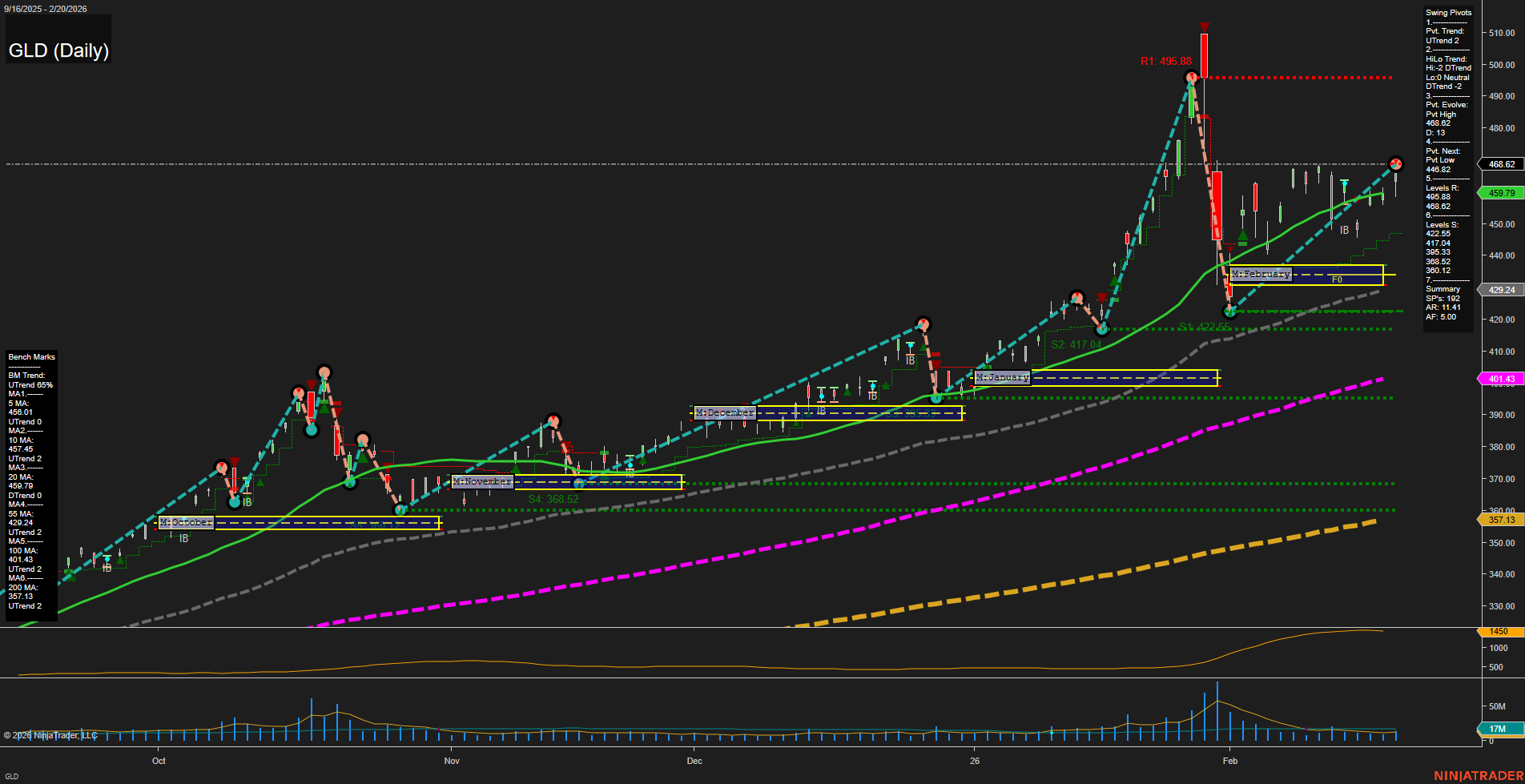 GLD SPDR Gold Shares Daily Chart Analysis: 2026-Feb-22 18:04 CT