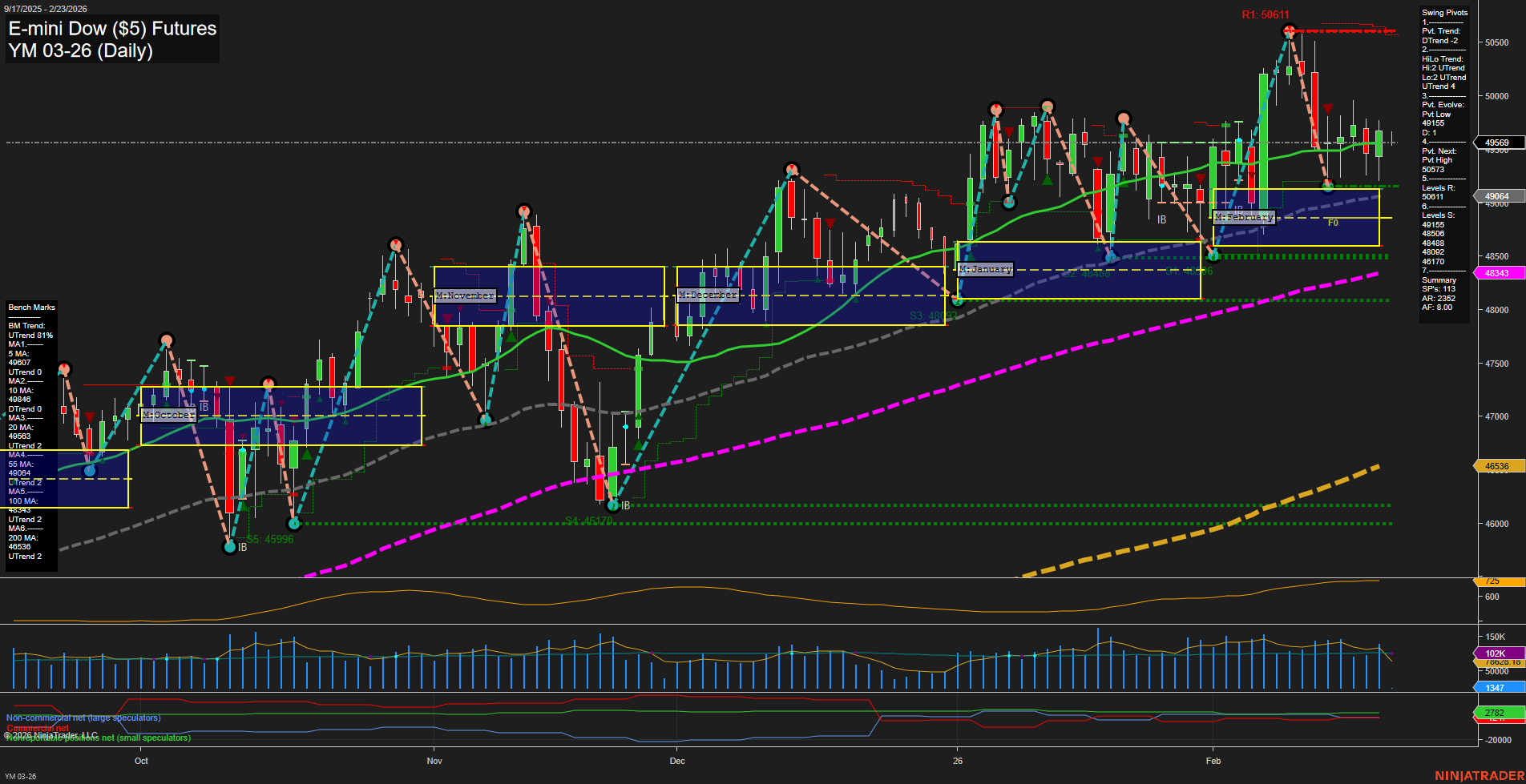 YM E-mini Dow ($5) Futures Daily Chart Analysis: 2026-Feb-22 18:08 CT