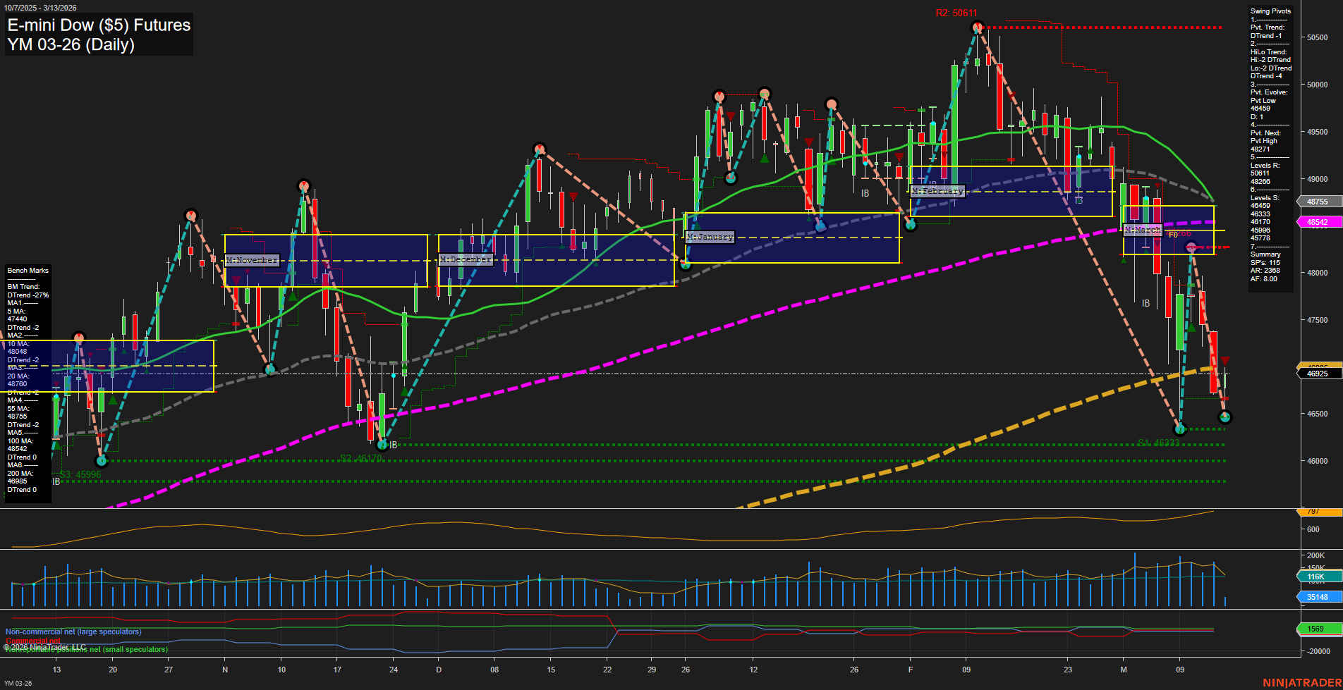 YM E-mini Dow ($5) Futures Daily Chart Analysis: 2026-Mar-13 07:10 CT
