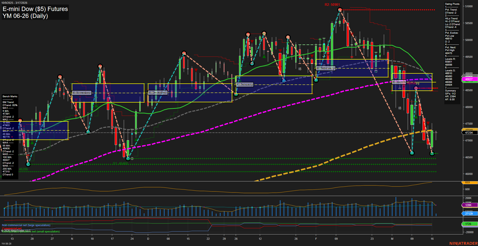 YM E-mini Dow ($5) Futures Daily Chart Analysis: 2026-Mar-17 07:13 CT