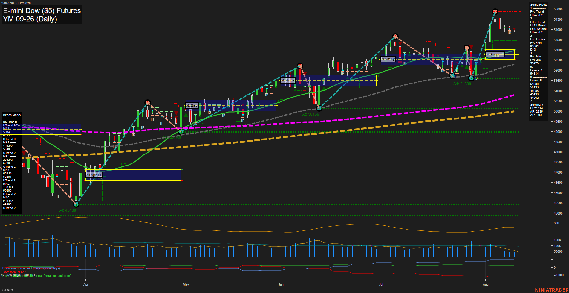 YM E-mini Dow ($5) Futures Daily Chart Analysis: 2026-Aug-12 07:12 CT