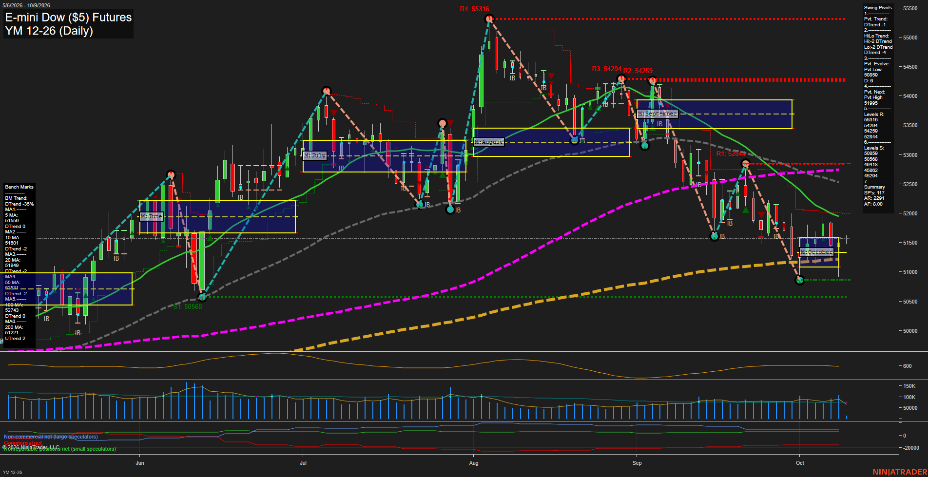 YM E-mini Dow ($5) Futures Daily Chart Analysis: 2026-Oct-09 07:11 CT