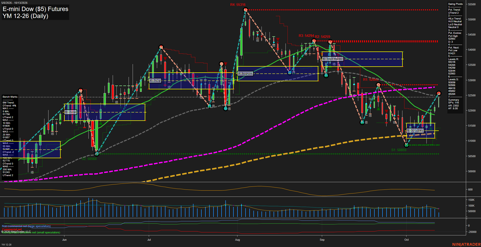 YM E-mini Dow ($5) Futures Daily Chart Analysis: 2026-Oct-13 07:13 CT